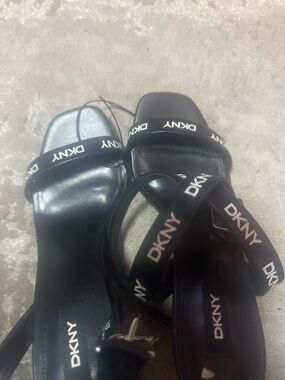 Dkny Black Strappy Logo Ankle-Heel Sandals